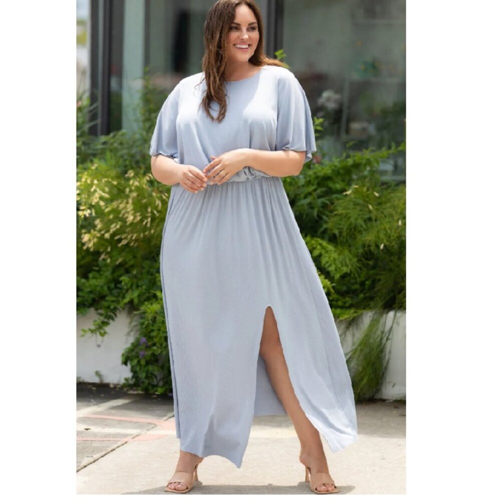 NEW - Plus Size Round Neck Split Flutter Sleeve Maxi Dress - Dusty Blue,  1X, 2x